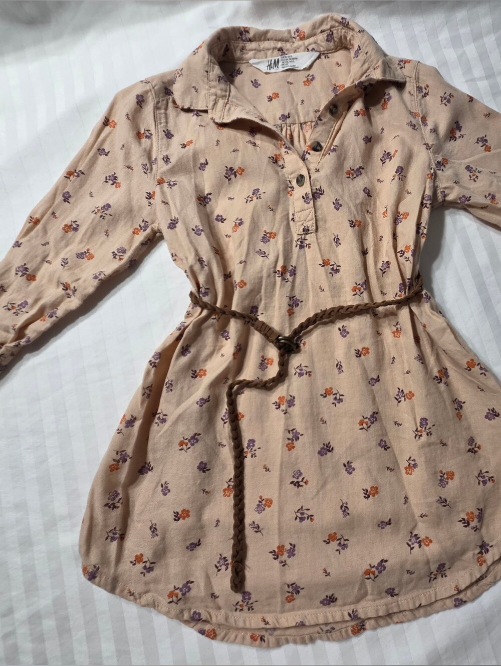 H&M Peach Floral Long-Sleeve Tunic Dress with Brown Braided Belt